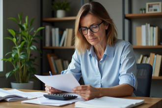 Femme d'âge moyen examinant un document de prêt immobilier