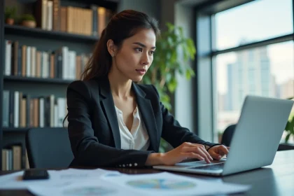 Femme professionnelle utilisant un ordinateur dans un bureau moderne