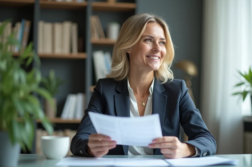 Femme professionnelle en blazer dans un bureau lumineux
