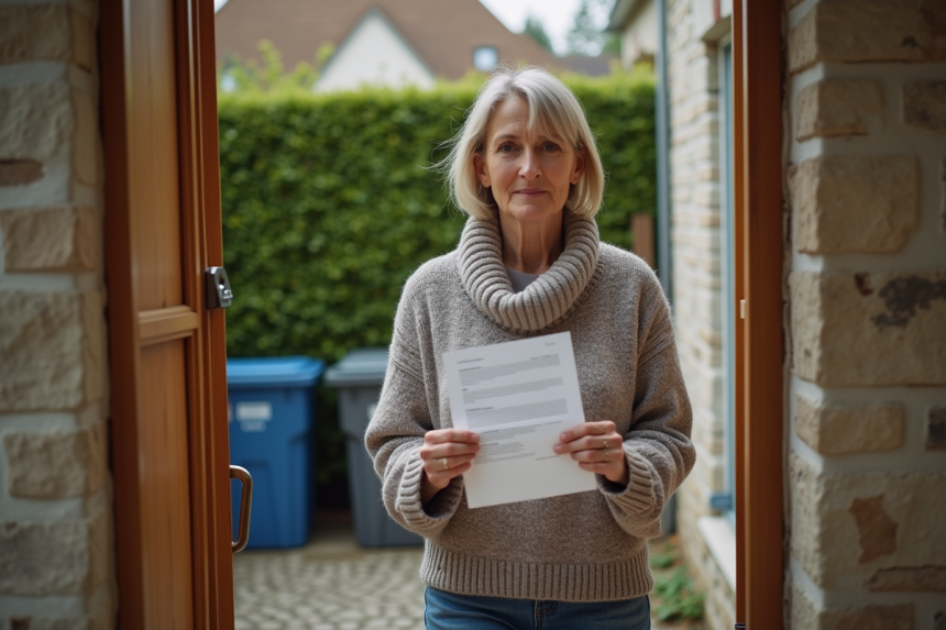 Femme française en automne tenant une notice fiscale