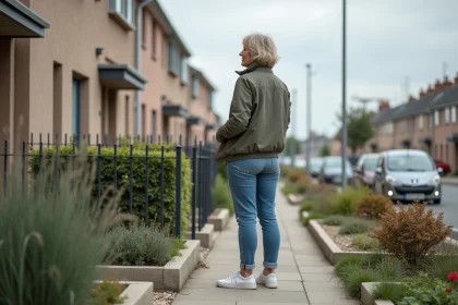 Femme en jeans regardant un jardin communautaire à Le Havre