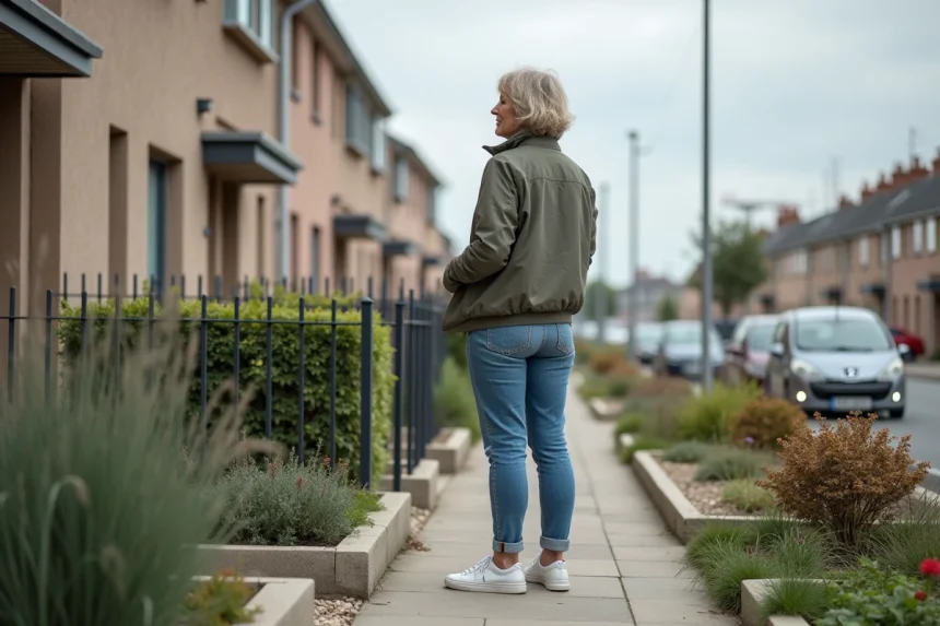 Femme en jeans regardant un jardin communautaire à Le Havre