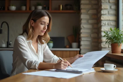Femme en blouse et jeans examine documents de mortgage