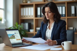 Femme consultant une simulation de prêt immobilier CASDEN sur des documents imprimés dans un bureau à domicile