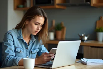 Femme lisant un message sur smartphone dans la cuisine