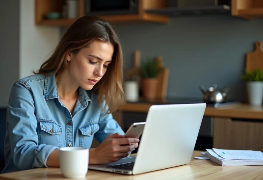 Femme lisant un message sur smartphone dans la cuisine