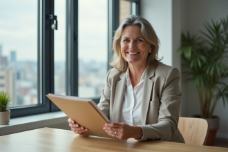 Femme souriante avec dossier de documents fiscaux dans un intérieur moderne
