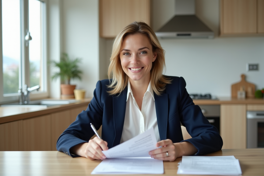 Femme souriante en blazer bleu dans une cuisine moderne