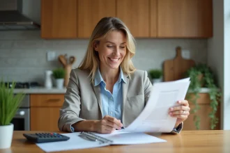 Femme souriante en cuisine avec documents de prêt immobilier