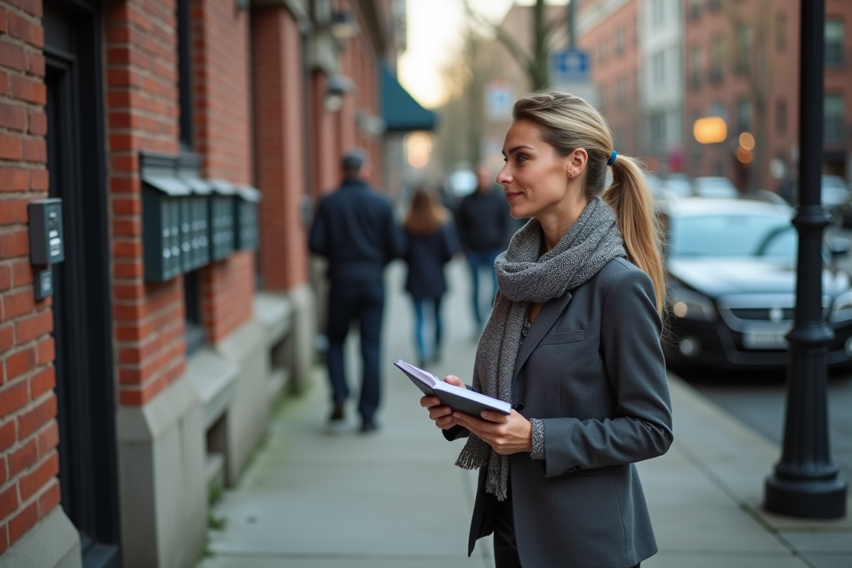 Femme debout devant un immeuble urbain utilisant l