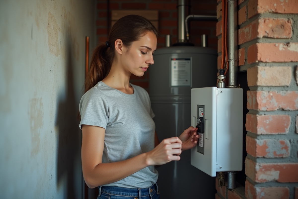 Jeune femme contrôlant un disjoncteur dans un sous-sol rénové