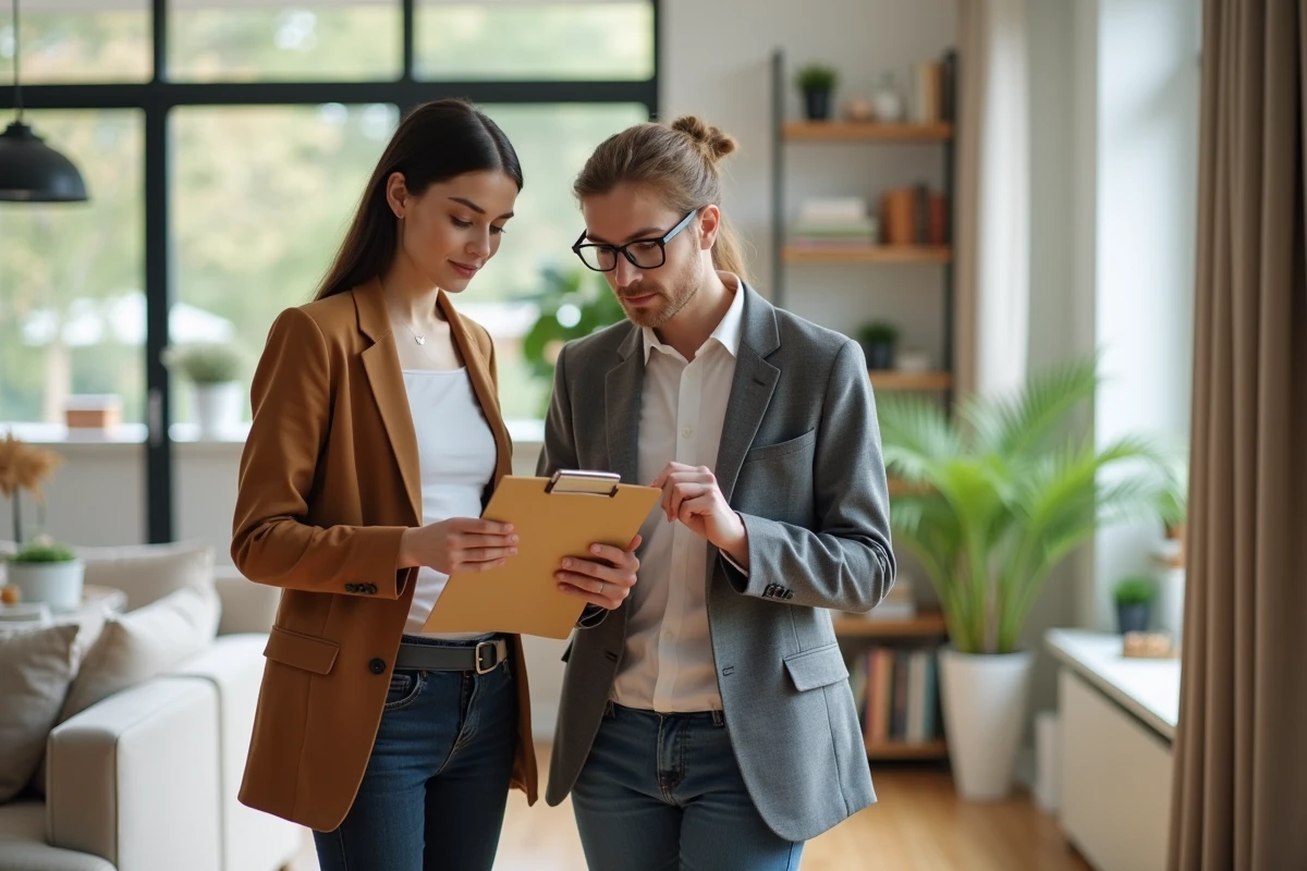 Jeune femme et agent immobilier regardent un clipboard dans un salon