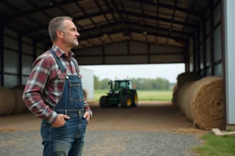 Fermeur devant hangar agricole en extérieur