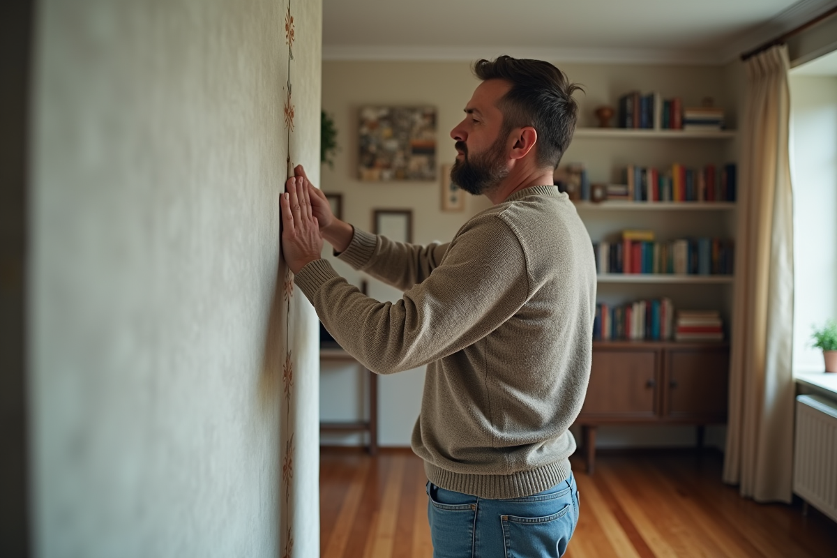 Homme d'âge moyen examinant une fissure sur un mur intérieur