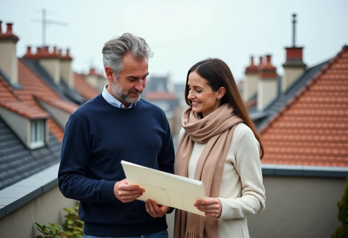 Deux frères et sœurs sur un toit parisien en train de revoir un plan architectural