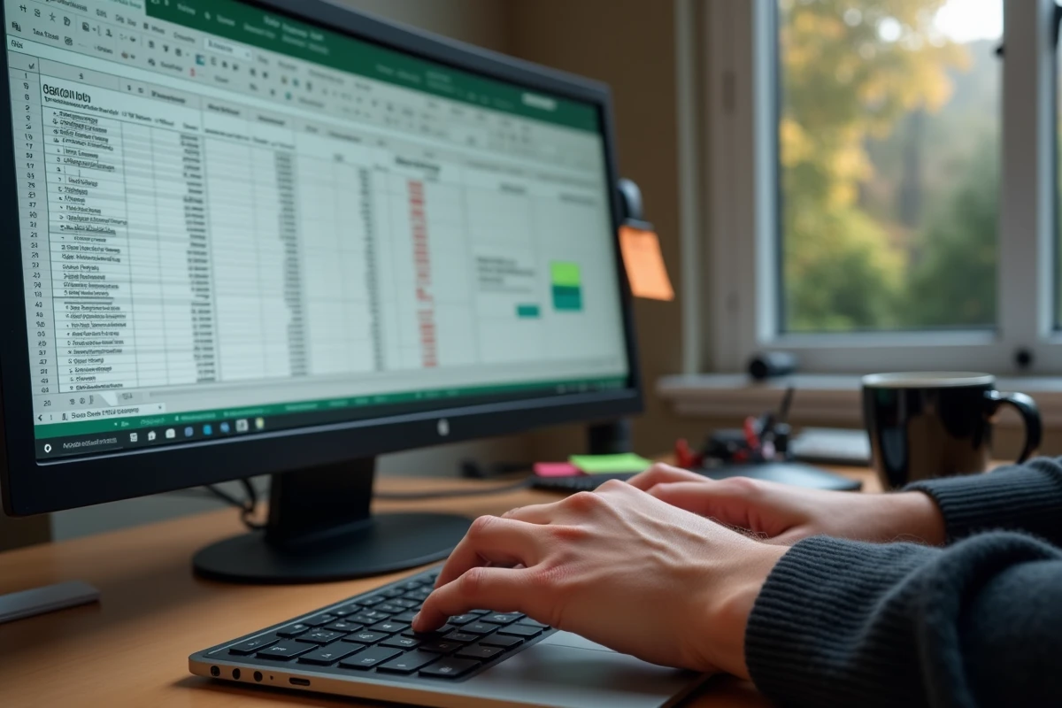 Mains d'un gestionnaire immobilier corrigeant des erreurs dans un tableau Excel de l'indice INSEE construction