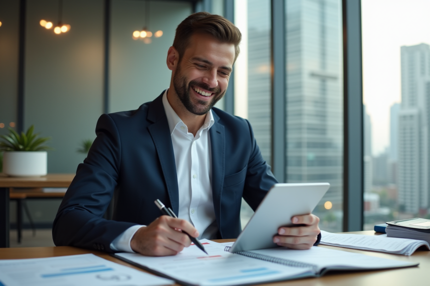 Manager immobilier professionnel souriant avec tablette dans un bureau moderne
