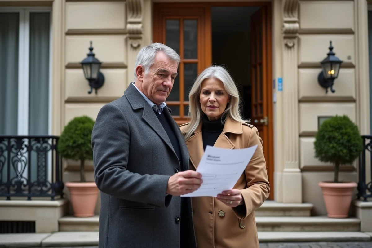 Couple d'héritiers consultant un rapport d'estimation immobilière devant un immeuble haussmannien parisien