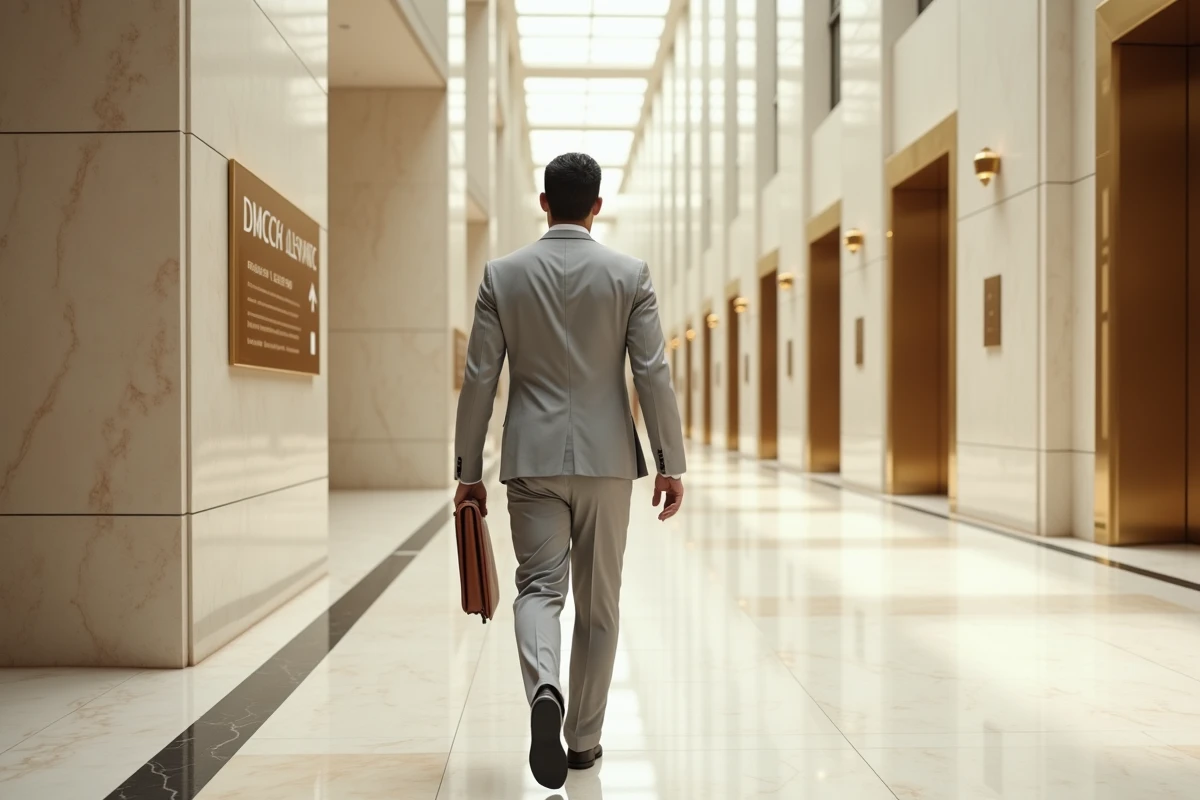 Homme d'affaires dans le hall d'entrée de la tour Almas Tower à Dubaï se dirigeant vers les services DMCC