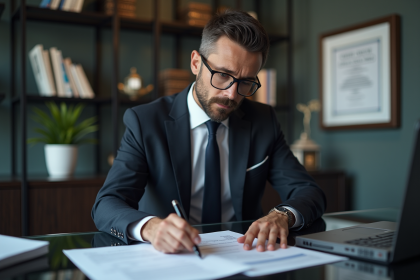 Homme d'affaires en costume examine des documents immobiliers