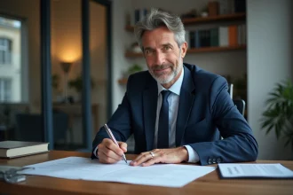 Homme d'affaires français signant des documents dans un bureau
