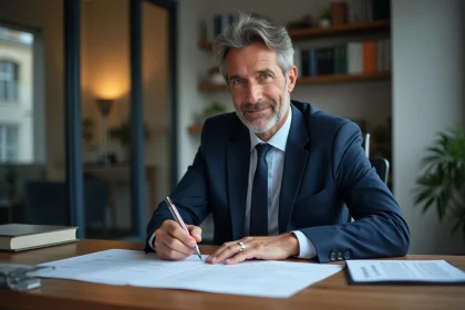 Homme d'affaires français signant des documents dans un bureau