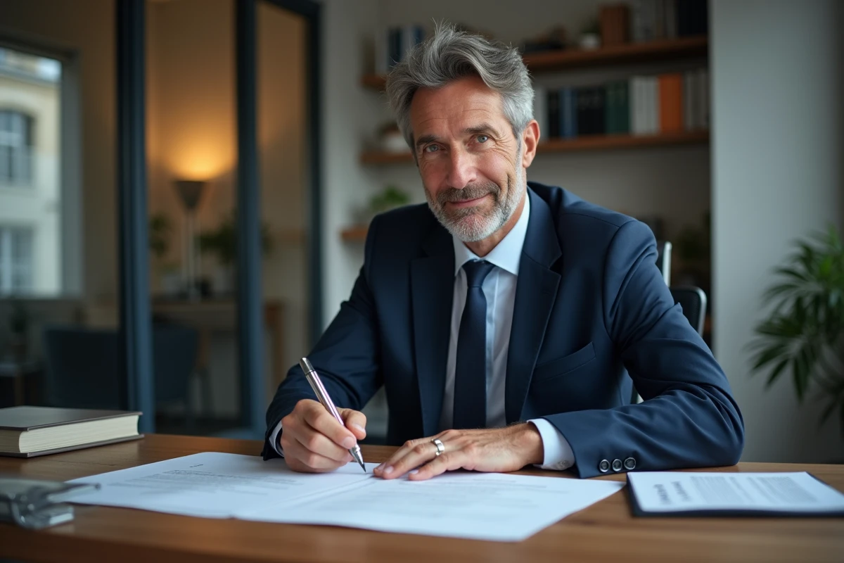 Homme d'affaires français signant des documents dans un bureau
