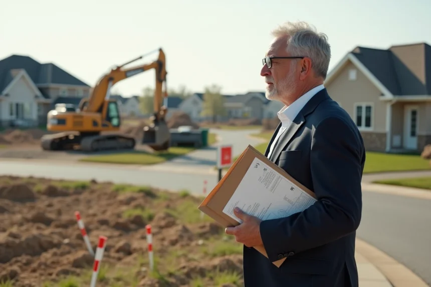 Homme d affaires avec dossier sur terrain en construction