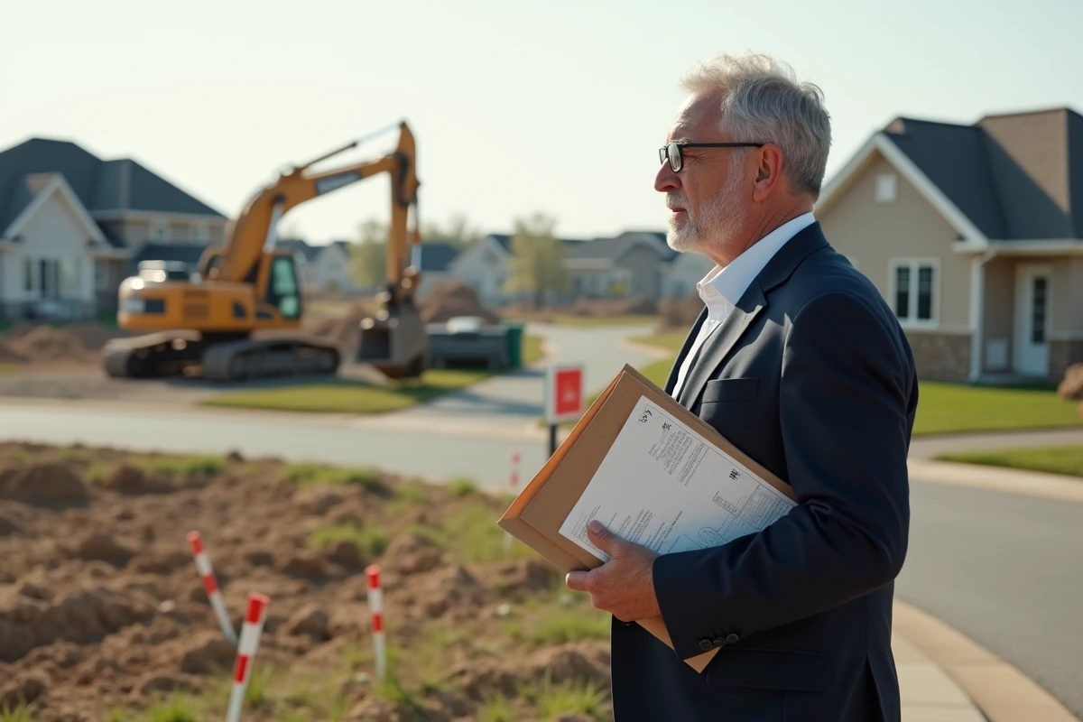 Homme d affaires avec dossier sur terrain en construction