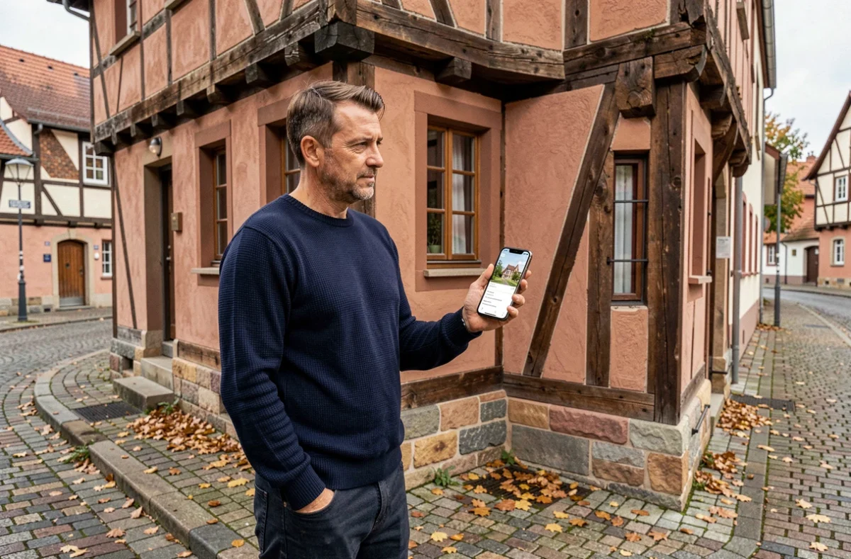 Homme consultant une application immobilière devant un immeuble alsacien à louer dans le Bas-Rhin