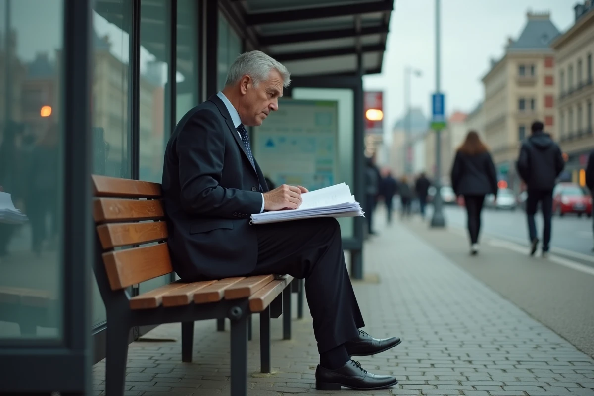 Homme d affaires assis à un arrêt de bus urbain