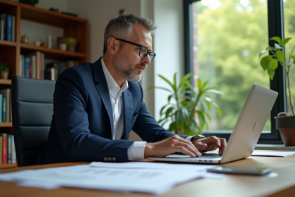 Homme en costume travaillant sur son ordinateur dans un bureau calme