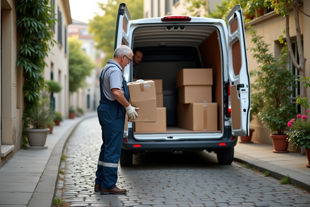 Homme âgé chargeant un van de déménagement dans une rue française