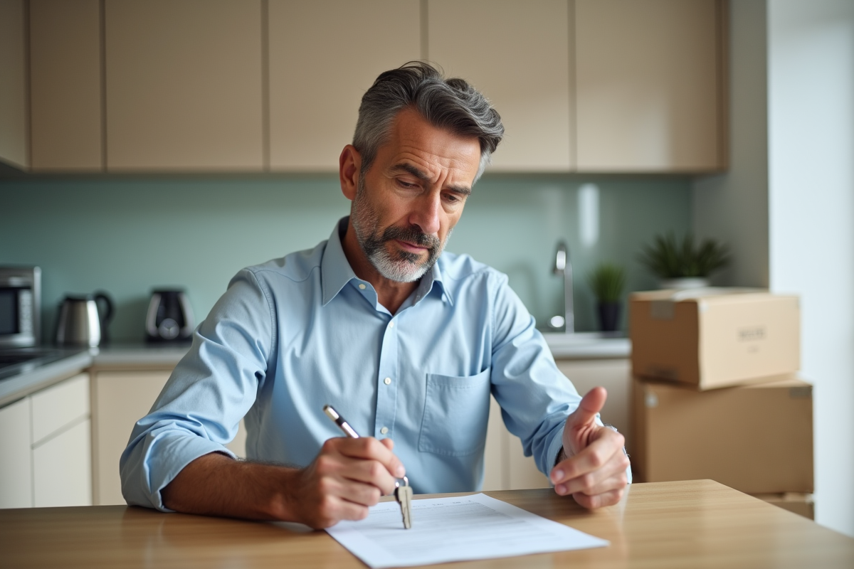 Homme d age moyen examinant un contrat de location avec des clés