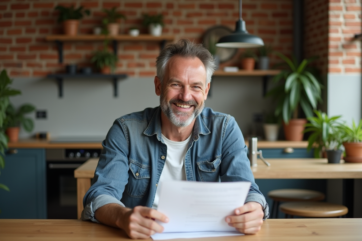Homme souriant examinant un contrat de location dans une cuisine chaleureuse