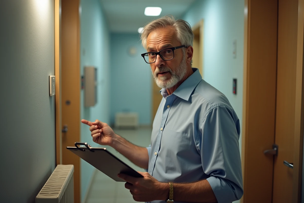 Homme avec clipboard dans le couloir d