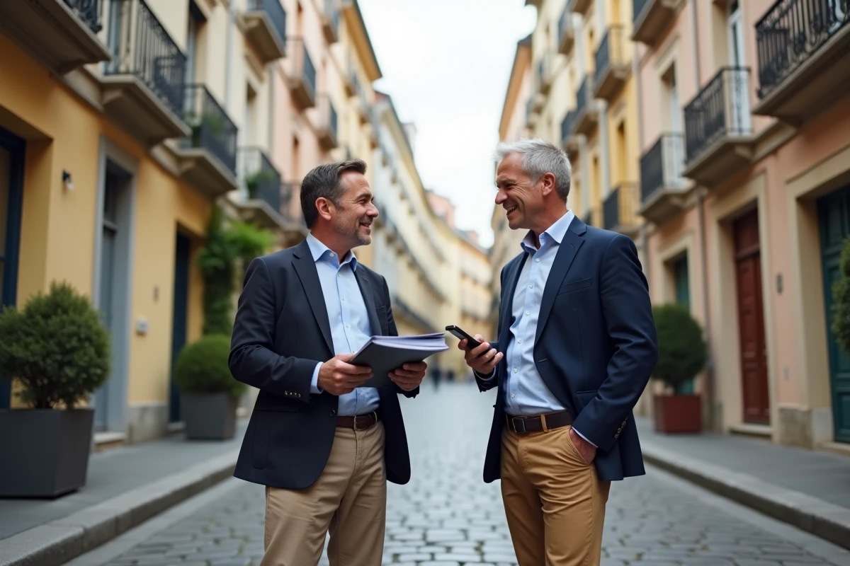 Homme discutant avec agent immobilier dans une rue lyonnaise