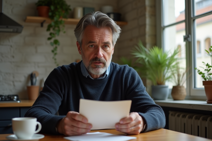 Homme français assis à la table avec lettre préoccupé