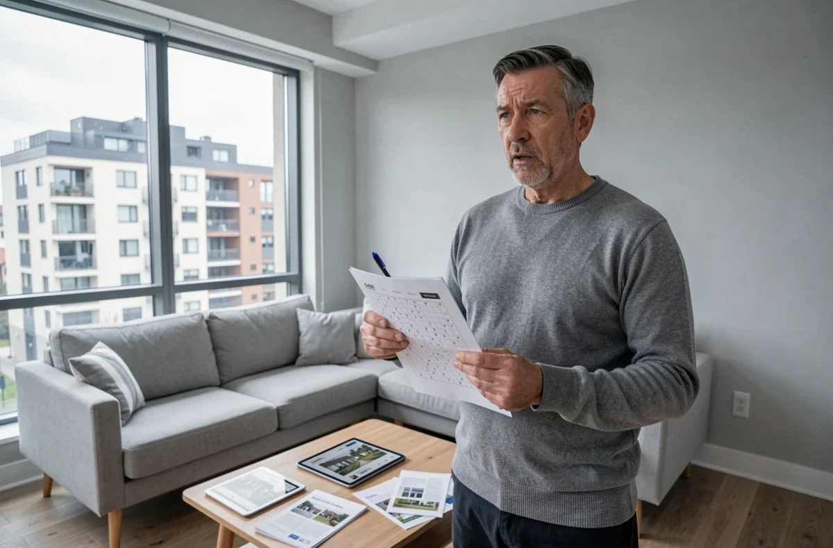 Homme tenant une grille de mots croisés dans un appartement moderne avec des brochures immobilières, cherchant la réponse en 4 lettres liée à la loi Duflot