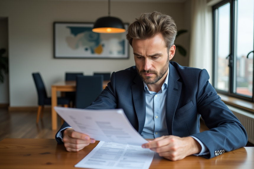 Homme d'âge moyen en costume bleu examinant des documents immobiliers