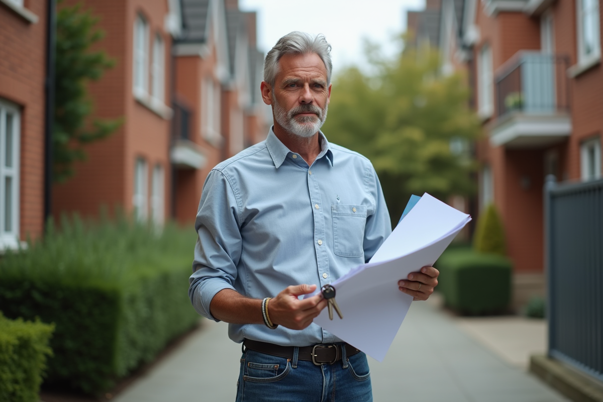 Homme avec clés et papiers devant un immeuble résidentiel