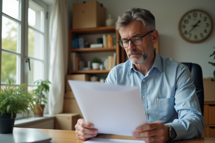Homme d'âge moyen lisant des documents à domicile