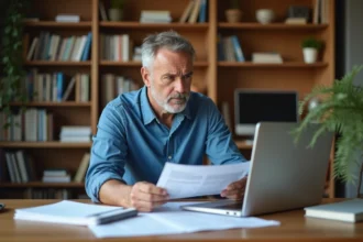Homme d'âge moyen étudiant des documents immobiliers dans un bureau moderne