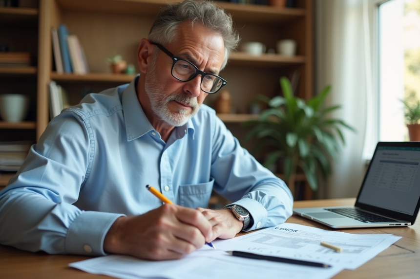 Homme d'âge moyen examinant documents d'impots à la maison