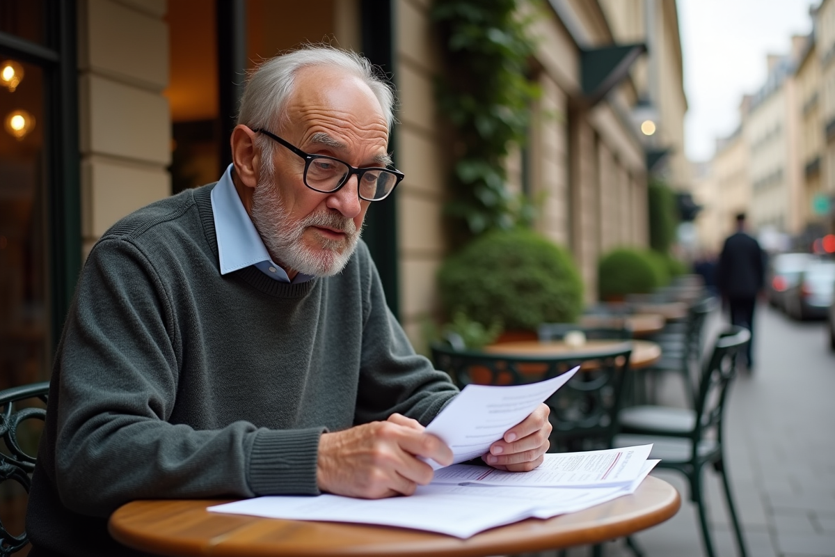 Homme âgé lisant des papiers à un café parisien en extérieur