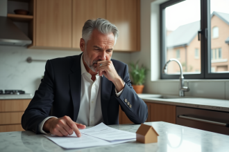 Homme d'âge moyen lisant des documents de prêt immobilier