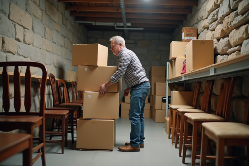 Homme organisant un stockage dans un sous-sol propre