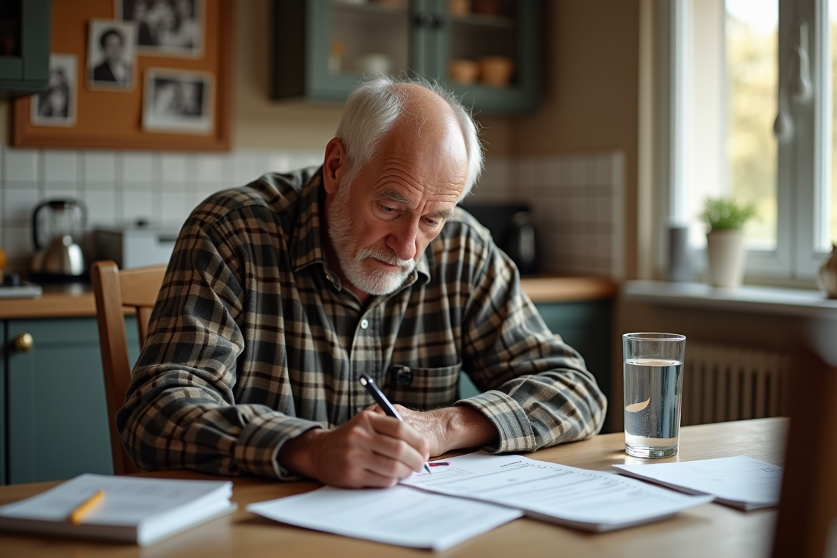 Homme âgé remplissant un formulaire à la maison