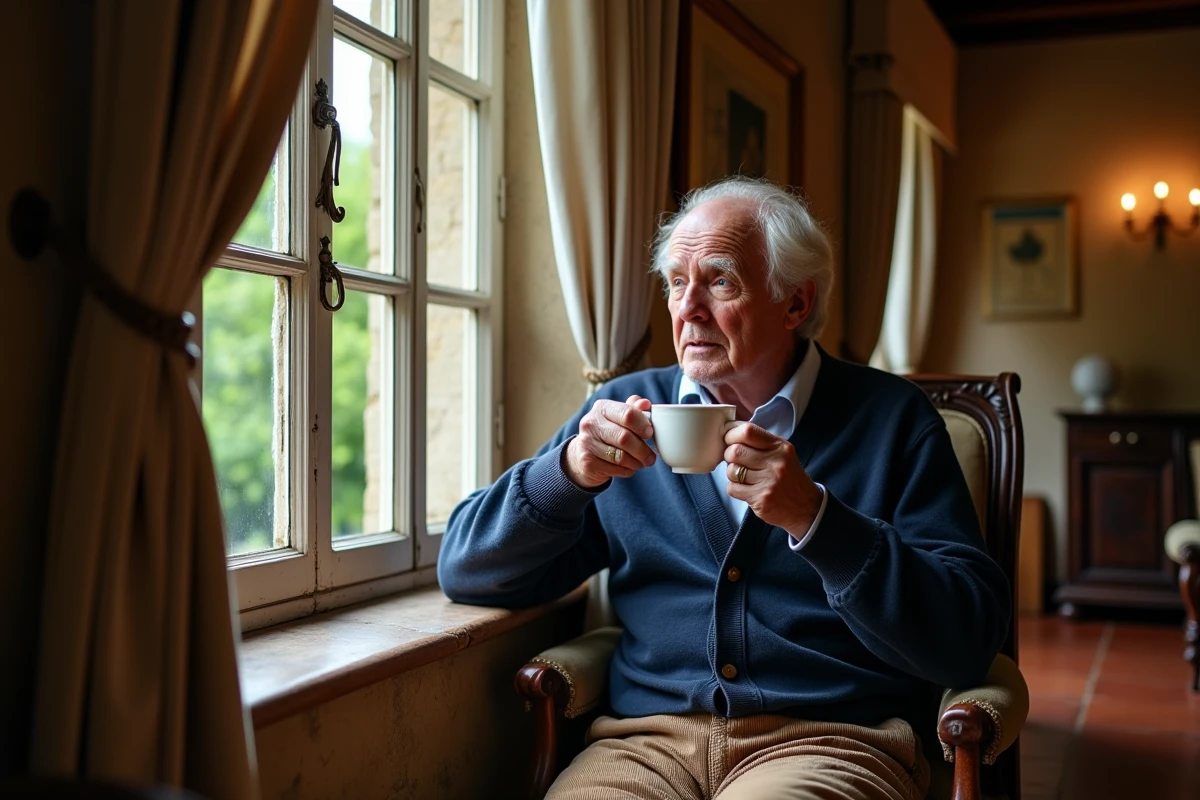 Homme âgé buvant un café dans une maison normande