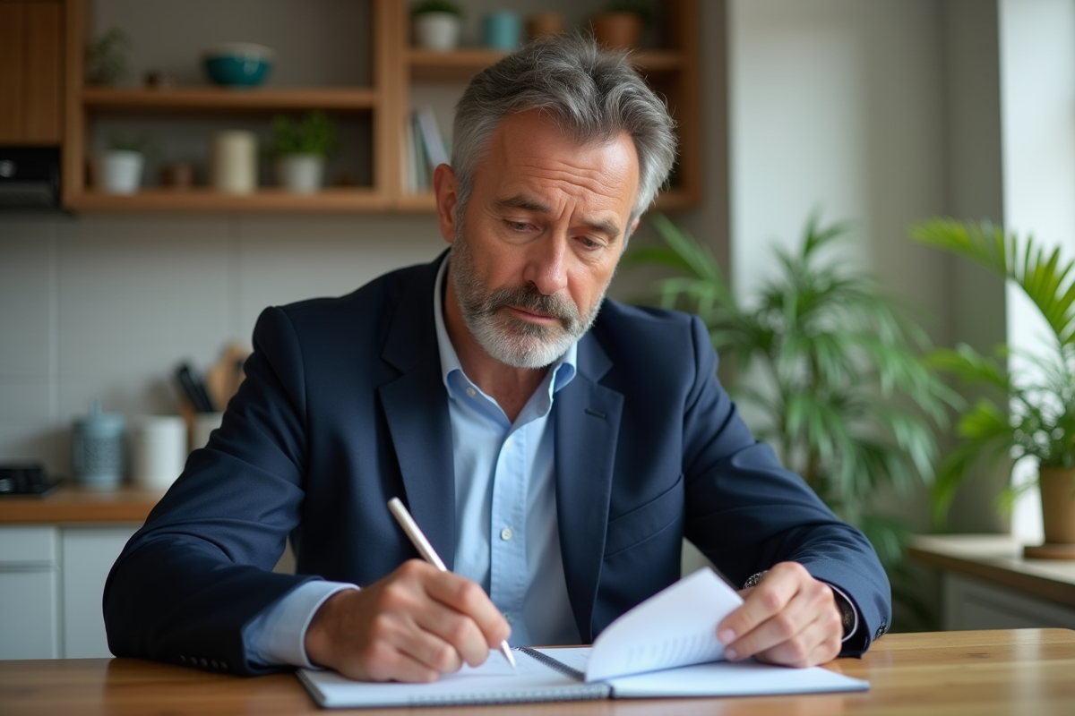 Homme d'affaires en costume dans une cuisine lumineuse